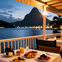 Caribbean Holidays, Saint Lucia February, Relaxed evening at a waterfront restaurant in Castries, Saint Lucia, with local food, warm lights and harbour views