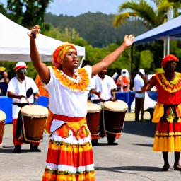 Caribbean Holidays, Saint Lucia February, Saint Lucian cultural performance with drummers and dancers in traditional colourful clothing at an outdoor February event