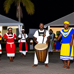 Caribbean Holidays, Saint Lucia February, Saint Lucian cultural performance with drummers, dancers and colourful traditional clothing at an outdoor evening event
