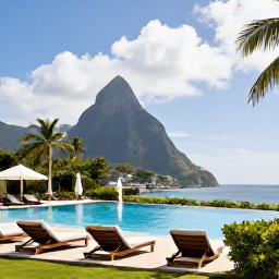 Caribbean Holidays, Saint Lucia February, Stylish Saint Lucia all-inclusive resort beside the sea, with a swimming pool, loungers and tropical gardens