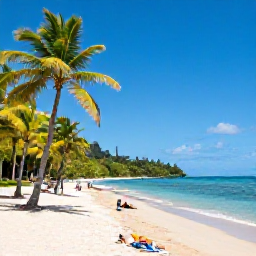 Caribbean Holidays, Saint Lucia February, Sunny Saint Lucia beach in February with palm trees, turquoise sea and visitors relaxing on golden sand