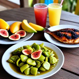 Caribbean Holidays, Saint Lucia February, Traditional Saint Lucian food including green fig and saltfish, grilled fish, fresh fruit and local drinks on a rustic table