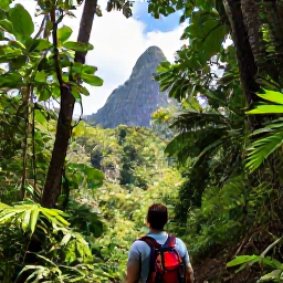 Caribbean Holidays, Saint Lucia February, Traveller exploring a lush Saint Lucia rainforest trail with the Pitons visible in the distance on a bright February day