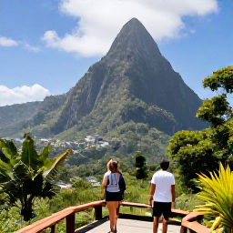 Caribbean Holidays, Saint Lucia February, Travellers exploring the Pitons and lush rainforest of Saint Lucia on a sunny February day, with a scenic viewpoint and tropical vegetation