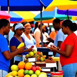 Caribbean Holidays, Saint Lucia February, Visitors browsing colourful stalls at Castries Market with tropical fruit, spices and local crafts in Saint Lucia