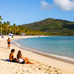 Caribbean Holidays, Saint Lucia February, Visitors relaxing on a golden Saint Lucia beach in February with calm turquoise water, palm trees and green hills in the distance