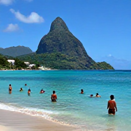 Caribbean Holidays, Saint Lucia February, Visitors swimming and relaxing in clear Caribbean water at Reduit Beach, Saint Lucia, with views towards green hills and a sunny blue sky