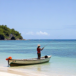 Caribbean Holidays, Saint Lucia Fishing, A local fisherman casting from a small wooden boat close to a peaceful Saint Lucia bay