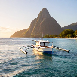 Caribbean Holidays, Saint Lucia Fishing, A traditional fishing boat drifting on calm turquoise water near Saint Lucia's green coastline at sunrise