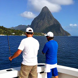 Caribbean Holidays, Saint Lucia Fishing, Anglers enjoying a deep-sea fishing charter off Saint Lucia with the Pitons visible in the distance