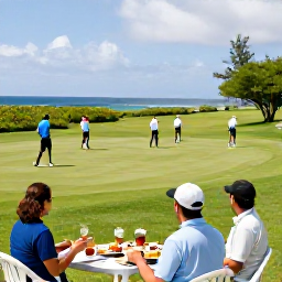 Caribbean Holidays, Saint Lucia Golf Holidays, A relaxed Saint Lucia holiday scene with golfers finishing a round, enjoying a Caribbean lunch near the beach and looking towards the sea