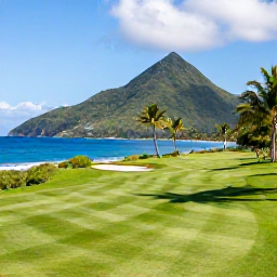 Caribbean Holidays, Saint Lucia Golf Holidays, A scenic Caribbean golf course in Saint Lucia with lush green fairways, palm trees, tropical hills and bright blue sea