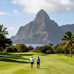 Caribbean Holidays, Saint Lucia Golf Holidays, Golfers walking along a beautiful Saint Lucia fairway with volcanic mountains, tropical vegetation and the Caribbean Sea in the distance