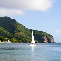 Caribbean Holidays, Saint Lucia Holidays, A bright coastal scene in Saint Lucia in September, with a small sailing boat, green hills and calm Caribbean water under soft sunshine