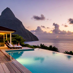 Caribbean Holidays, Saint Lucia Holidays, A couple relaxing beside a stylish Saint Lucia resort pool overlooking the Caribbean Sea at sunset