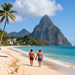 Caribbean Holidays, Saint Lucia Holidays, A couple walking along a quiet golden beach in Saint Lucia, with palm trees, turquoise sea and dramatic volcanic mountains in the distance