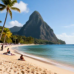 Caribbean Holidays, Saint Lucia Holidays, A golden sandy beach in Saint Lucia with calm clear water, palm trees and visitors relaxing in the sunshine