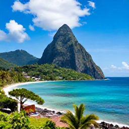 Caribbean Holidays, Saint Lucia Holidays, A wide coastal view of Saint Lucia showing the Pitons rising above turquoise sea, green hills and a sunny beach