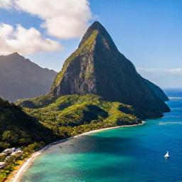 Caribbean Holidays, Saint Lucia Holidays, Aerial view of Saint Lucia's green volcanic mountains, Pitons, turquoise sea and a small sailing boat in warm June sunshine