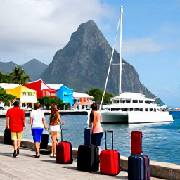 Caribbean Holidays, Saint Lucia Holidays, An elegant Caribbean multi-country holiday scene showing travellers at a marina in Saint Lucia, with a catamaran, colourful buildings and luggage ready for island hopping