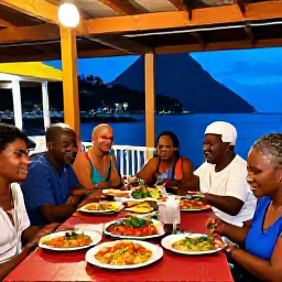 Caribbean Holidays, Saint Lucia Holidays, An evening scene in Saint Lucia showing a friendly local restaurant, colourful Caribbean dishes and diners enjoying the atmosphere