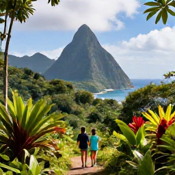 Caribbean Holidays, Saint Lucia Holidays, Couple hiking through rainforest towards the Pitons in Saint Lucia, with tropical plants and ocean views