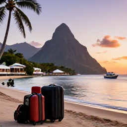 Caribbean Holidays, Saint Lucia Holidays, Elegant Caribbean island-hopping holiday scene with a Saint Lucia resort, luggage and a small inter-island boat at sunset