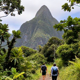 Caribbean Holidays, Saint Lucia Holidays, Hikers walking through lush Saint Lucia rainforest towards the dramatic Gros Piton and Petit Piton mountains