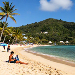 Caribbean Holidays, Saint Lucia Holidays, Visitors relaxing on a golden beach in Saint Lucia with palm trees, clear water and green hills