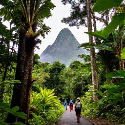 Caribbean Holidays, Saint Lucia Holidays, Visitors walking through a lush Saint Lucia rainforest with tall trees, tropical plants and a view towards the Pitons