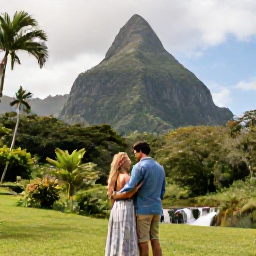 Caribbean Holidays, Saint Lucia Honeymoons, A honeymoon couple exploring the lush Soufriere landscape with the Pitons, tropical forest and a gentle waterfall