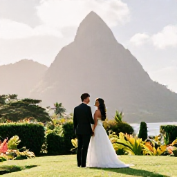 Caribbean Holidays, Saint Lucia Honeymoons, A newlywed couple looking across the Pitons from a peaceful Saint Lucia viewpoint in warm May sunshine
