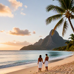 Caribbean Holidays, Saint Lucia Honeymoons, A romantic Saint Lucia beach at sunset with palm trees, calm turquoise water and two glasses of champagne