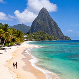 Caribbean Holidays, Saint Lucia Honeymoons, Aerial view of Saint Lucia's Pitons rising above the turquoise Caribbean Sea, with a secluded beach and a couple walking along the shoreline