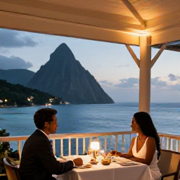 Caribbean Holidays, Saint Lucia Honeymoons, An elegant open-air restaurant overlooking the Caribbean Sea in Saint Lucia, with a honeymoon couple enjoying dinner