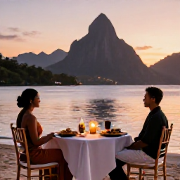 Caribbean Holidays, Saint Lucia Honeymoons, Candlelit table for two on a quiet Saint Lucia beach at sunset, with local Caribbean dishes and the Pitons in the background