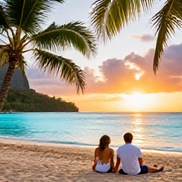 Caribbean Holidays, Saint Lucia Honeymoons, Couple relaxing on a beautiful Saint Lucia beach at sunset, calm turquoise sea and palm trees