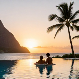 Caribbean Holidays, Saint Lucia Honeymoons, Elegant beachfront resort in Saint Lucia at sunset, with an infinity pool, palm trees and a couple enjoying a quiet dinner overlooking the sea