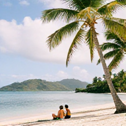 Caribbean Holidays, Saint Lucia Honeymoons, Happy newlywed couple relaxing on a secluded Saint Lucia beach beneath palm trees, with calm sea and green hills in the distance