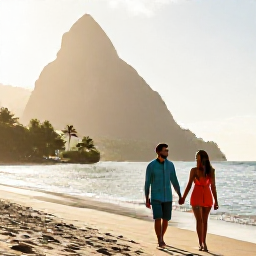 Caribbean Holidays, Saint Lucia Honeymoons, Honeymoon couple walking hand in hand along a quiet Saint Lucia beach in warm morning light