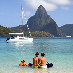 Caribbean Holidays, Saint Lucia Honeymoons, Newlywed couple sailing in calm turquoise water near Saint Lucia's Pitons, with snorkelling equipment and a small boat nearby