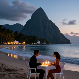 Caribbean Holidays, Saint Lucia Honeymoons, Romantic candlelit dinner for two on a Saint Lucia beach with gentle waves and tropical evening light