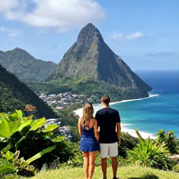 Caribbean Holidays, Saint Lucia Hopping, Couple overlooking Saint Lucia's Pitons from a hillside viewpoint, with lush vegetation and bright Caribbean sea