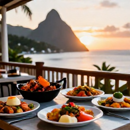 Caribbean Holidays, Saint Lucia Hopping, Open-air Saint Lucian restaurant at sunset, serving fresh seafood and colourful Caribbean dishes