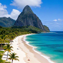 Caribbean Holidays, Saint Lucia Instagram, Aerial-style view of Sugar Beach between the Pitons in Saint Lucia, with white sand, turquoise water, palm trees and a relaxed beach scene