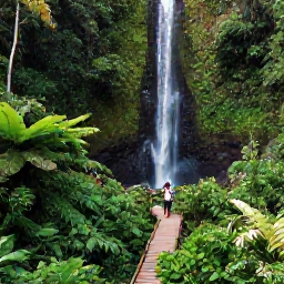 Caribbean Holidays, Saint Lucia Instagram, Aerial view of lush Saint Lucia rainforest with a person walking along a wooden boardwalk towards a waterfall