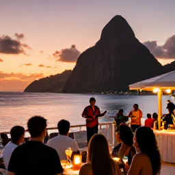 Caribbean Holidays, Saint Lucia Instagram, Candlelit Saint Lucia beach bar at sunset in December, with guests enjoying live music, tropical drinks and a warm orange sky over the Caribbean Sea