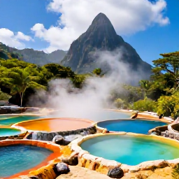 Caribbean Holidays, Saint Lucia Instagram, Colourful mineral pools and steaming volcanic landscape at Sulphur Springs near Soufri&egrave;re, Saint Lucia, with tropical greenery surrounding the site