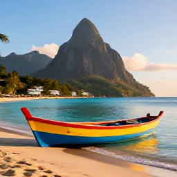 Caribbean Holidays, Saint Lucia Instagram, Colourful wooden fishing boats and calm turquoise water on a sandy beach in Saint Lucia during golden hour