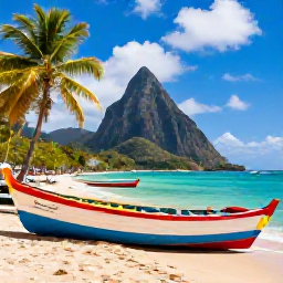 Caribbean Holidays, Saint Lucia Instagram, Colourful wooden fishing boats on a sandy Caribbean beach in Saint Lucia with palm trees and turquoise water